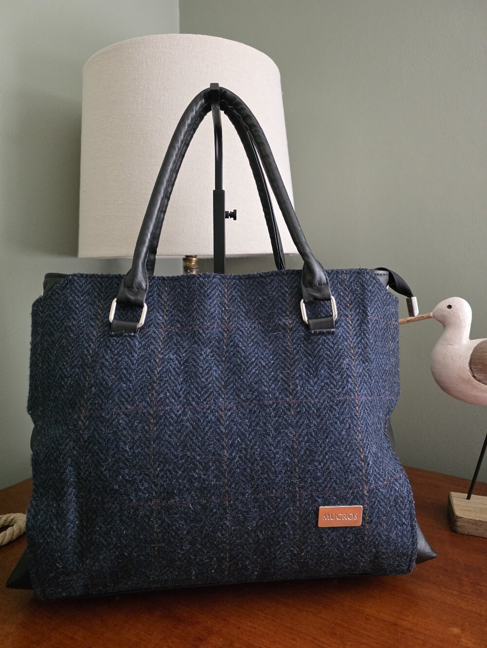 Mucros Weavers Emily Herringbone Wool Leather Shoulder Tote Bag Blue Black